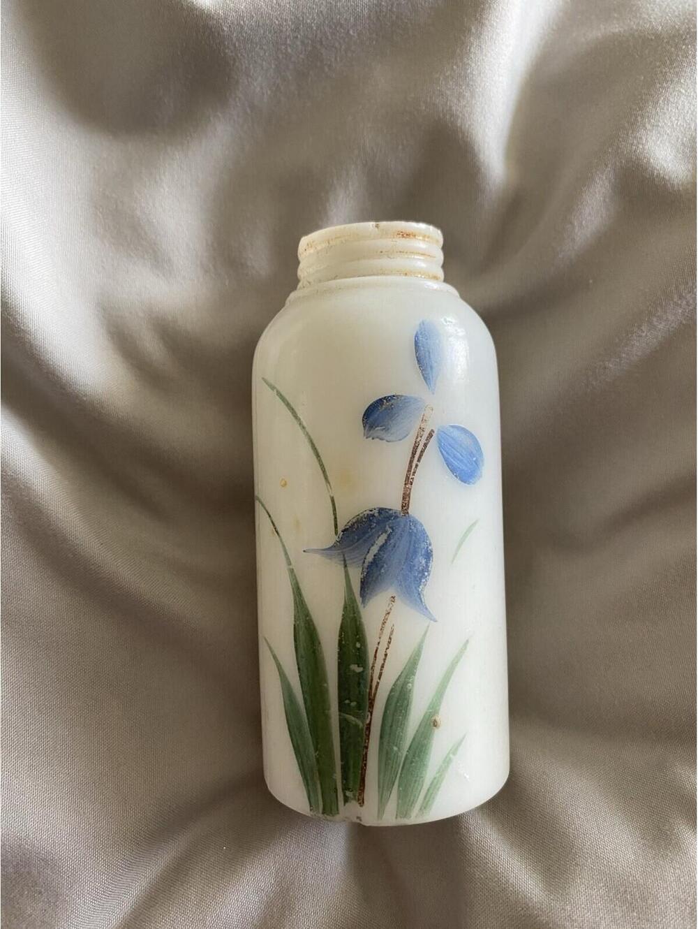Vintage Hand Painted Milk Glass Shaker Bottle Blue Floral Opaline Vanity Vase